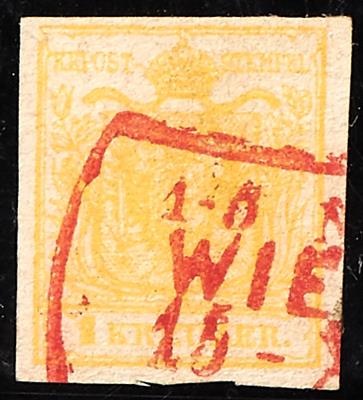 Österreich Ausgabe 1850 gestempelt - 1 Kreuzer zitronengelb Type III Mp mit rotem Rechteck/Segment-Stempel von Wien, - Briefmarken und Ansichtskarten