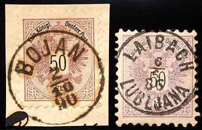 Österreich Ausgabe 1883 Briefstück/gestempelt - 50 Kreuzer rotlila und braunlila mit schönen Stempeln von Bojan und Laibach, - Stamps
