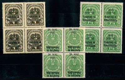 ** - Österr. Lokalausgabe Salzburg 1921 1 + 1 1/2 K mit kopfsteh. Aufdruck sowie 1 1/2 K total verschobener Aufdruck, - Stamps