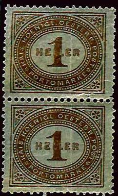 ** - Österr. Porto Nr. 22 (1 Heller) senkr. Paar gummiseitig bedruckt (Spiegelbild) dünnes Papier, - Stamps