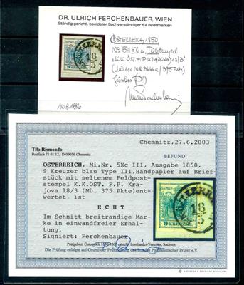 Briefstück - Österr. Ausg. 1850 - "K. K.ÖST. F. P. KR(AJOV) A 18/3" und Teilabschlag auf Briefstück mit Nr. 5HIII, - Francobolli