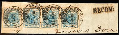 Ö Ausgabe 1850 - "GROSSWARDEIN/6.5./*" Doppelkreisstempel 4x auf 4 Stück 9 Kreuzer blau Type III Mp, - Francobolli