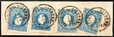 Ö Ausgabe 1858 - "BISTRITZ in SIEBENB./ 18.10." Einkreisstempel 4x auf 4 Stück 15 Kreuzer blau Type II, - Známky