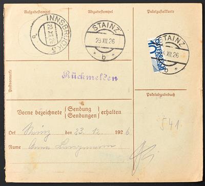 Ö Porto 1926 Stainzer Provisorium: 10 Groschen halbiert auf 6 Paketkarten aus Voitsberg, - Briefmarken und Ansichtskarten