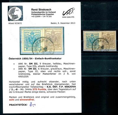 Österr. Ausg. 1850 - "K. K. ÖST. F. P. KRAJOV(A) 2.../8" u. Teilabschlag auf Briefstück mit Nr. 5MIII und 4MIII, - Známky