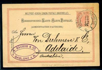 Partie Ganzsachen Österr. Monarchie aus ca. 1892/1908 - dabei 6 Stück nach Australien, - Briefmarken