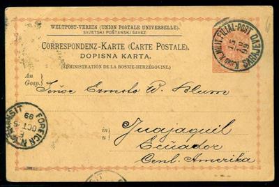 Bosnien Poststück - 1899 5 Kr. UPU-Ganzsache von Sarajevo nach Ecuador, - Francobolli