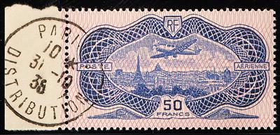 Frankreich gestempelt - 1936 Flugpostmarke 50 Fr. violettblau, - Briefmarken
