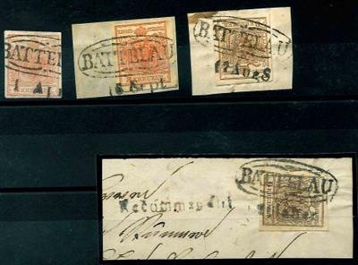 Ö Ausgabe 1850 Briefstück/gestempelt - "BATTELAU"Ovalstempel der Vorphilatelie auf 4 Freimarken, - Francobolli