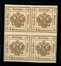 Ö Zeitungsstempelmarken ** - 1873 4 Kreuzer braun Neudruck im Viererblock, - Briefmarken