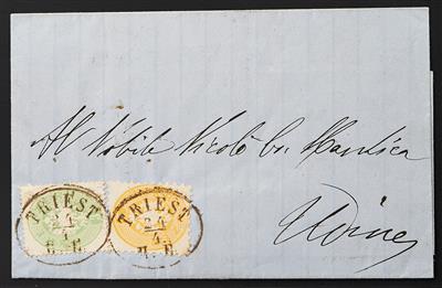 Poststück - Österr. Nr. 25 + 30 auf Faltbriefhülle als dekorative Ausgaben - Mischfrankatur von Triest nach Udine, - Stamps