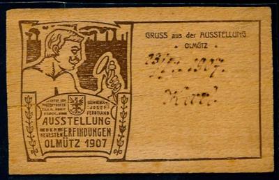 Poststück - Holzkarte "Gruss aus der Ausstellung Olmütz" (der neuesten Efindungen 1907), - Francobolli