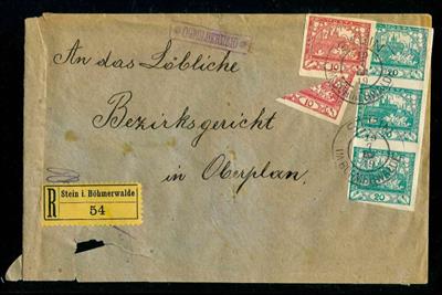 Poststück - Tschechoslowakei 1919/ 1920 - 6 Poststücke alle mit Provisorien-Halbierungen, - Briefmarken