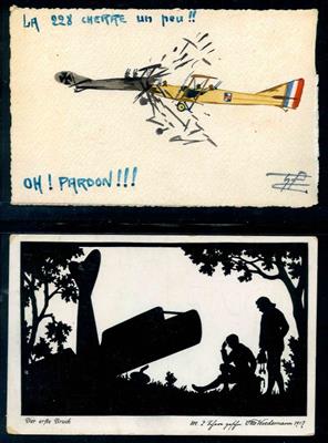 Ansichtskarten um 1900/1910 Flugzeug- Absturz - 2 seltene Ansichtskarten handcouloriert bzw. Scherenschnitt, - Francobolli