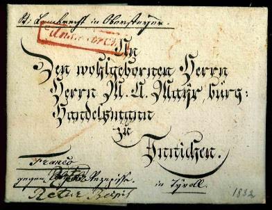 Ö Vorphila 1832 "Unsmarck" roter Kastenstempel auf Brief mit äusserst dekorativen Zierschrift, - Známky
