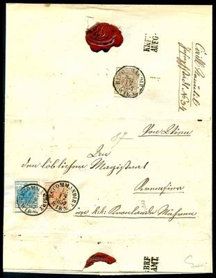 Österr. Ausg. 1850 - Nr. 5H + 3H und rückseitig  4H auf rekommandiertem Faltbrief von Wien nach Kremsier aus 1852, - Stamps