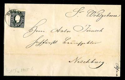 österr. Ausgabe 1858 3 Kreuzer schwarz Type IIa auf Brief von Beraun nach Nischburg, - Briefmarken