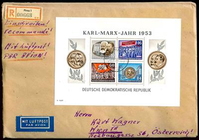 Partie Poststücke div. Deutschland - u.a. DDR mit MARX - Blocken auf 4 Rekobriefen nach Wien, - Briefmarken