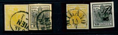 Ö Ausgabe 1850 gestempelt - 1 Kr. gelb und 2 Kr. schwarz beide Mp(geprüft) und 5 Cent. gelb sowie 10 Cent. schwarz, - Známky