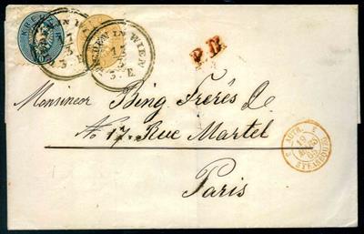 Österr. Ausg. 1863/64 . Nr. 33 + 34 auf Faltbriefhülle von WIEDEN in WIEN über Strassburg nach Paris aus 1865, - Stamps