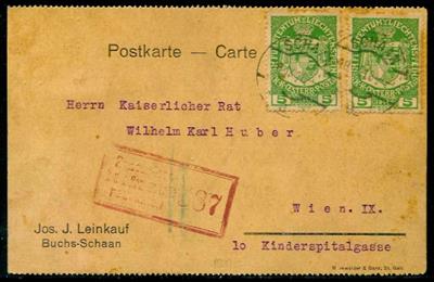 Liechtenstein Poststück - 1918 "Postkarte" vom 17. September 1918 mit 2x 5 Heller grün von Schaan(Buchs) nach Wien, - Briefmarken