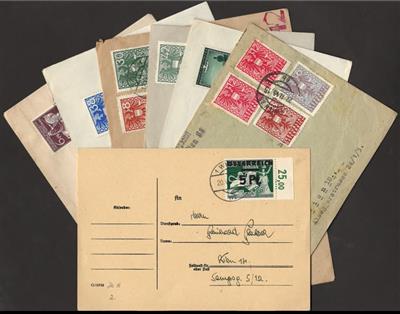 Poststück - Wien 1945 ca. 30 Belege - wie entnazifizierte Ortskarte Wien 9 mit Klecksstempel, - Briefmarken