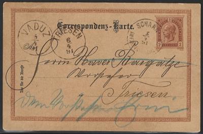 Liechtenstein Poststück - 1891 2 Kreuzer braun Korrespondenzkarte von Österreich mit LiechtensteinStempeln von Schaan, - Francobolli