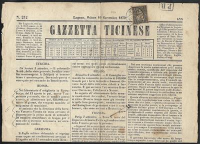 Poststück - Schweiz Nr. 21 auf Titelseite der Gazzetta Ticinese, - Briefmarken