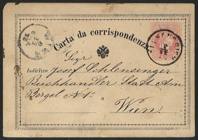 Ö Levante Poststück - 1873 Korrespondenz-Karte zu 4 Soldi rot Ziffer mit breitem Fuss von Alexandrien nach Wien, - Francobolli