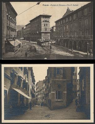 Partie AK Triest u.a. mit Molo Audace - Mole S. Carlo - Stazione della Meridonale - Piazza Goldoni - Via C. Battisti, - Briefmarken