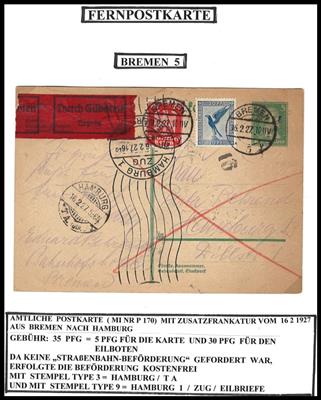 Poststück - D.Reich 1927 zufrank. amtliche Postkarte als Eilpost(keine Straßenbahnbeförderung) von Bremen nach Hamburg, - Francobolli