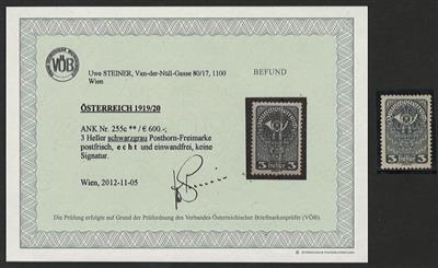 ** - Österr. Nr. 255c (3 Heller schwarzgrau), - Známky