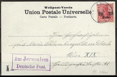 Judaika 1909 "Aus Jerusalem/ D. Post" violetter Kastenstempel auf Ansichtskarte von Jaffa nach Wien, - Briefmarken