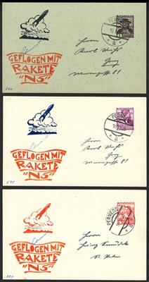 Poststück - Schmiedl - Raketenpost - Notverordnungsrakete N% - Ganzsachenkarte zu 3Gr. - 5 Gr. und 12 Gr. gelaufen, - Stamps