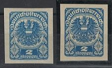 ** - Österr. Nr. 315 xU u. 315 yU (2 Kronen blau weißes und dickes graues Papier) beide ungezähnt, - Francobolli