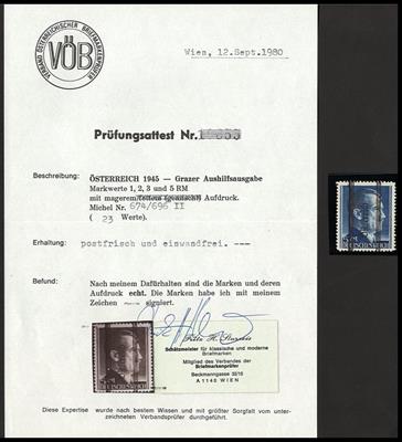 ** - Österr. 1945 - Grazer Aushilfsausgabe 1 Pfg. bis 5 RM (Markwerte mit magerem Aufdruck) mit Nr. 674 c, - Briefmarken