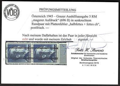 ** - Österr. 1945 - Nr. 696 II senkr. unteres Randpaar "fettes +" "halbfettes ch", - Briefmarken
