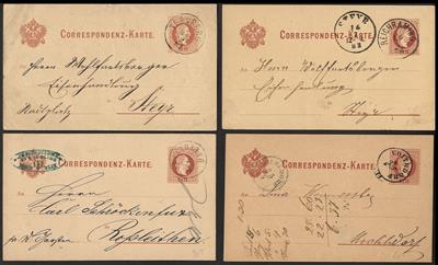 Poststück - Österr. 1876/82 - ca. 85 Corresp. Karten - 2 Kr. rotbraun mit div. O.Ö. Abstplgn., - Stamps