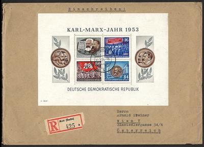 Poststück - Partie Poststücke DDR u.a. mit MARX - BLÖCKEN auf gelaufenen Rekobriefen nach Wien, - Briefmarken