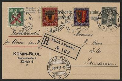 Poststück - Schweiz Pro Juventute 1918 + Flug Nr. 145 a. Reco Ganzsachenkarte, - Známky