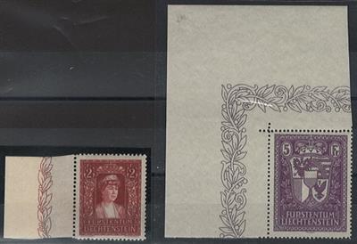** - Liechtenstein Nr. 140 vom liken Rand und Nr. 142 als linkes oberes Eckrandstücke, - Briefmarken und Ansichtskarten