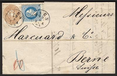 Poststück - Österr. Monarchie - 15Kr. 1864 + 10Kr. 1867 auf Faltbrief von Wien nach Bern in der Schweiz aus 1868, - Stamps