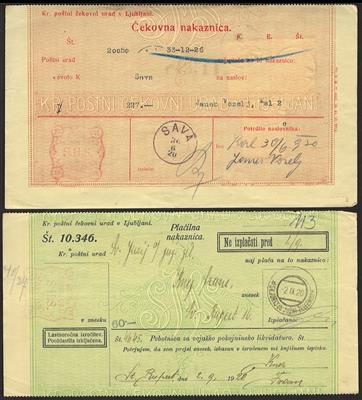 Poststück - Jugosl. 1920/21 - 100 div. Scheckanweisgn. m. interessanten Frankaturen, - Stamps
