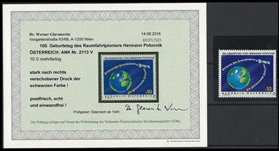 ** - Österr. Nr. 2113V (Raumfahrtpionier Hermann Potocnik mit stark verschobenem Druck der Farbe Schwarz), - Briefmarken und Ansichtskarten