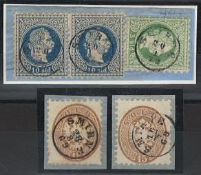 Briefstück - Österr. Levante - Fingerhutstempel "SMIRNE" auf 3 Briefstück der Ausg. 1867 (sign. Puschmann) bzw. 1863/64, - Známky