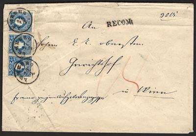 Poststück - Österr. Nr. 15II (3) + Nr.14II (rückseitig) auf Rekobriefhülle von Lemberg nach Wien, - Známky