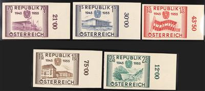 ** - Österr.   ANK. Nr. 1021 U/ 1025 U (10 Jahre Republik ungezähnte Pracht-Randstücke),(70 g Unebenh.), - Briefmarken