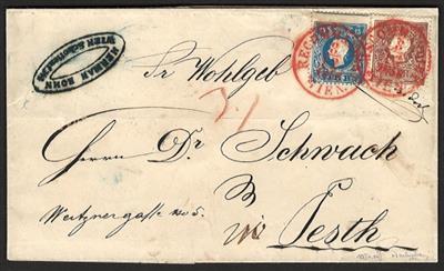 Poststück - Österr. Nr. 14I + 15I (beide vorderseitig) auf Faltbriefhülle von Wien nach Pest aus Dez. 1858, - Briefmarken