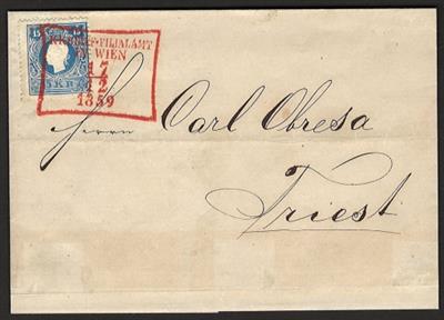 Poststück - Österr. Nr. 15I auf Faltbriefhülle von Wien nach Triest, - Briefmarken