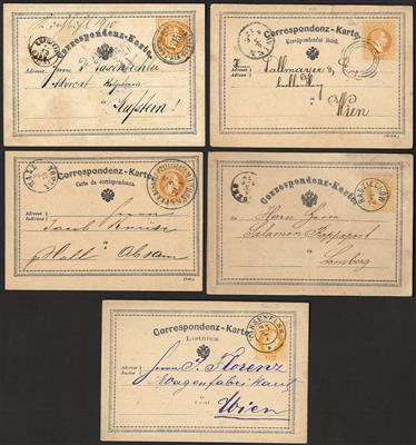 Poststück - Österr. - Partie 2Kr. Ganzsachenkarten im Muster 1867 (Gelb) u.a. mit Fahrendem Postamt Ala - Kufstein Nr. 15, - Briefmarken